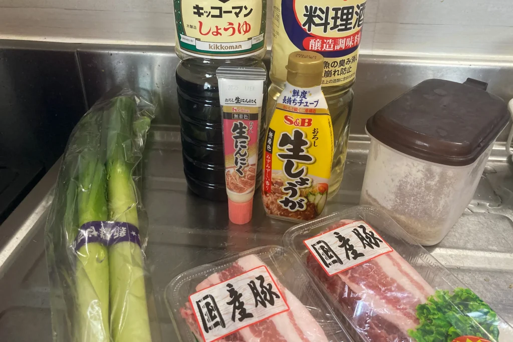 たくさんの調味料と、豚肉、長ネギ