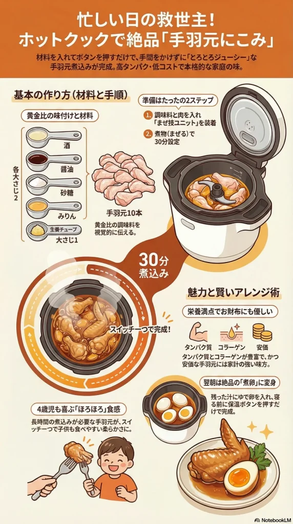ホットクックで作る手羽元煮込みの3ステップ。1. 鍋に酒・醤油・砂糖・みりん（各2）、生姜（1）の調味料と手羽元10本を入れる。2. まぜ技ユニットを装着し「煮物を作る（まぜる）」メニューで30分加熱。3. 盛り付けて完成。残った煮汁で翌朝の煮卵も作れる裏技付き。