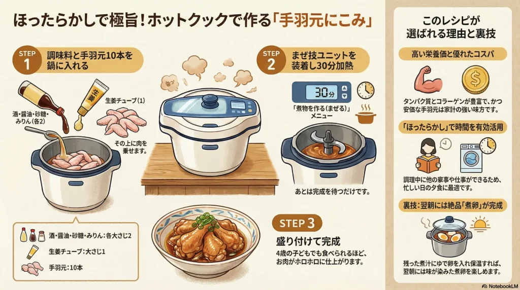 ホットクックで作る手羽元煮込みのレシピ。材料（手羽元10本、酒・醤油・砂糖・みりん各大さじ2、生姜大さじ1）を入れ、まぜ技ユニットを装着して30分煮込む手順と、翌朝の煮卵アレンジを紹介