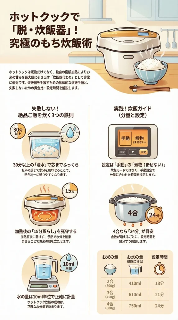 ホットクックでご飯を炊く「究極のもち炊飯術」の解説図。30分以上の浸水、15分の蒸らし、10ml単位の正確な計量の3つの鉄則を紹介。2合・3合・4合ごとの水加減と、手動の「煮物(まぜない)」設定での加熱時間をまとめた表が含まれています。