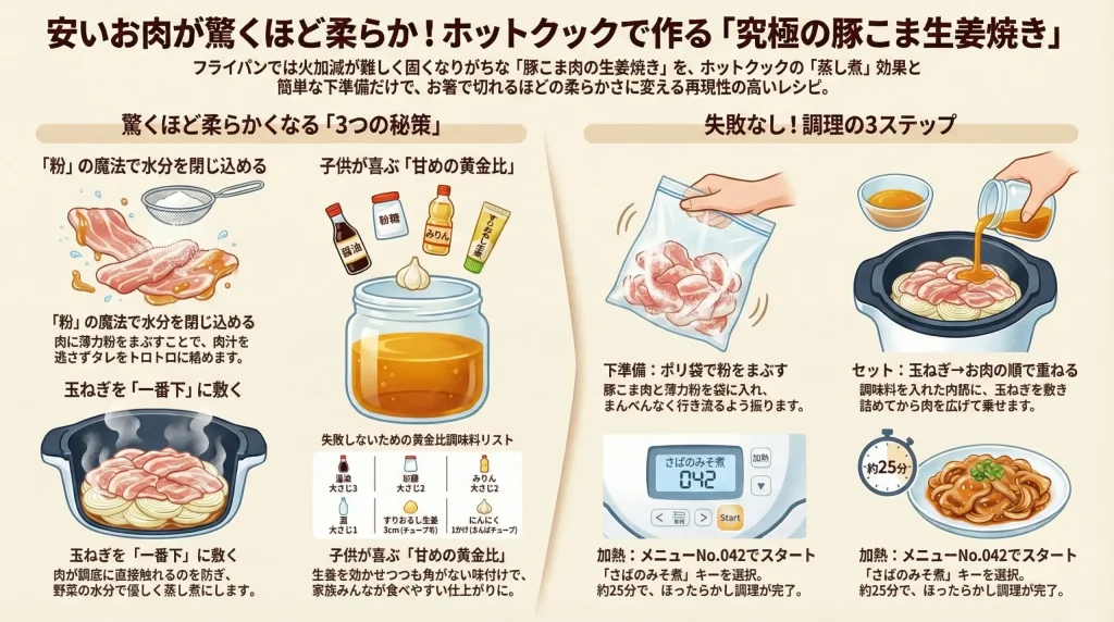 ホットクックで作る豚こま生姜焼きのレシピ図解。肉を柔らかくする3つの秘訣(粉をまぶす、玉ねぎを下に敷く、黄金比のタレ)と、ポリ袋での下準備からメニュー番号042で加熱するまでの3ステップがイラストで解説されています。