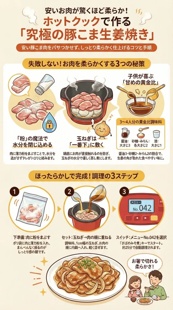 ホットクックで作る究極の豚こま生姜焼きのレシピ図解。肉を柔らかくする3つの秘訣(粉をまぶす、玉ねぎを下敷きにする、黄金比の調味料)と、下準備、セット、スイッチの3ステップ調理手順を詳しく説明しています。