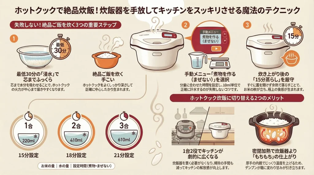 ホットクックでの炊飯手順の解説図。30分浸水、手動メニュー「煮物を作る(まぜない)」選択、15分蒸らしの3ステップを紹介。1〜3合別の水量と設定時間の表に加え、キッチンが広くなる、もちもちに仕上がるといった2つのメリットを説明しています。