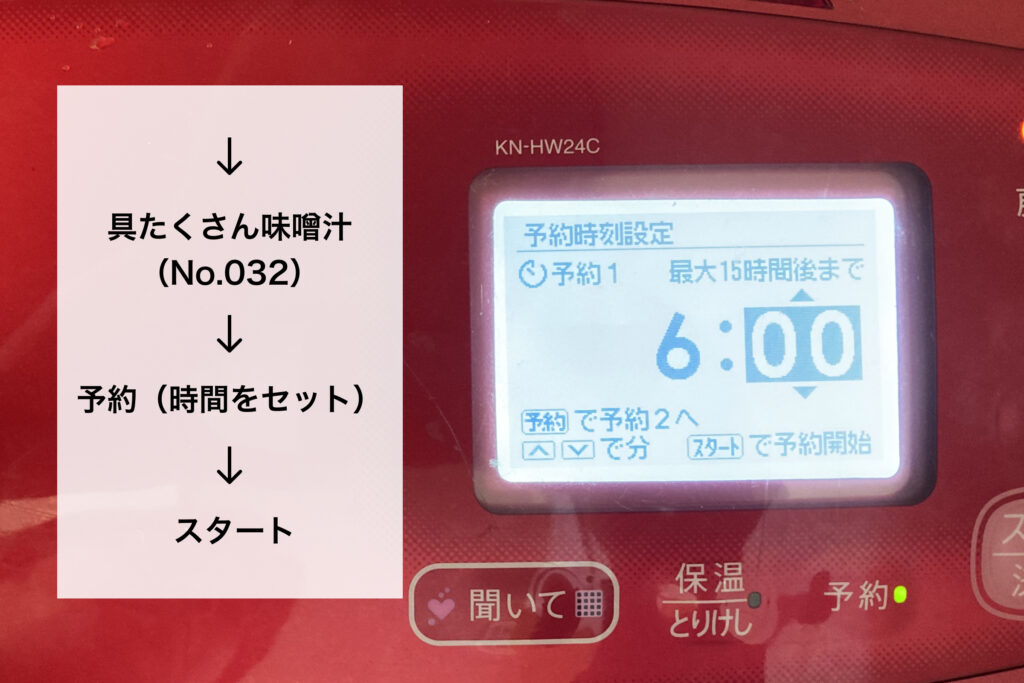 ホットクックの液晶画面に「予約時刻設定 6:00」と表示されている様子。左側には「具だくさん味噌汁（No.032）→予約（時間をセット）→スタート」という操作手順のガイドテキストが添えられています。
