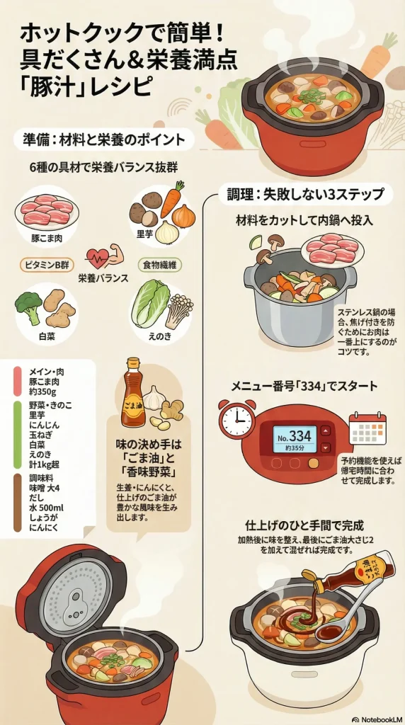 ホットクックで作る具だくさん豚汁レシピ。豚こま肉350g、野菜・きのこ類1kg超、味噌大さじ4、だし、水500ml、生姜、にんにくを使用。ステンレス鍋は肉を一番上に載せるのがコツ。メニュー番号334で加熱し、仕上げにごま油大さじ2を加える3ステップ解説。