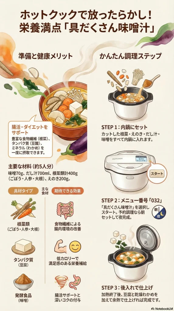 ホットクックで作る具だくさん味噌汁のガイド。根菜（食物繊維）、豆腐（タンパク質）、味噌（発酵食品）による腸活・ダイエット効果を解説。材料は味噌70g、だし700ml、根菜400g、えのき200g。調理は材料をセットしメニュー番号032でスタート、仕上げに豆腐とわかめを入れる3ステップ。
