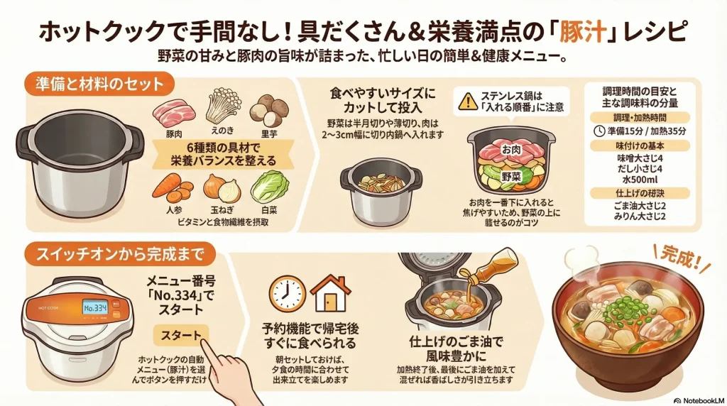 ホットクックで作る具だくさん味噌汁ガイド。根菜(食物繊維)・豆腐(タンパク質)・味噌(発酵食品)の健康メリットを解説。材料をセットしメニュー032でスタート。予約調理対応。仕上げに豆腐とわかめを後入れする手順。