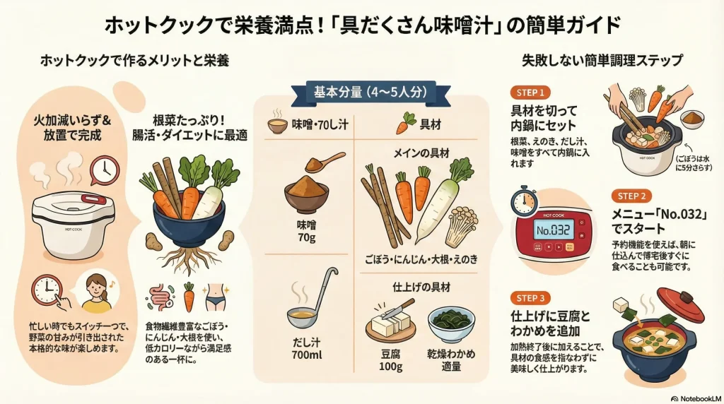 ホットクックで作る具だくさん味噌汁の簡単ガイド。メリット（火加減不要、根菜で腸活）、基本分量4〜5人分（味噌70g、だし汁700ml、ごぼう、にんじん、大根、えのき）、調理3ステップ（具材を入れNo.032でスタート、仕上げに豆腐とわかめを追加）の解説。