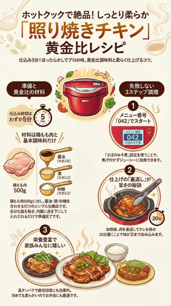 ホットクックで作る「仕込み5分で絶品 照り焼きチキン」のレシピ。材料は鶏もも肉500g、砂糖大さじ2、酒大さじ2、醤油大さじ6。作り方は、皮を下向きにセットし、メニュー番号No.042（さばのみそ煮）を選択。加熱後、裏返して20分放置して味を染み込ませます。
