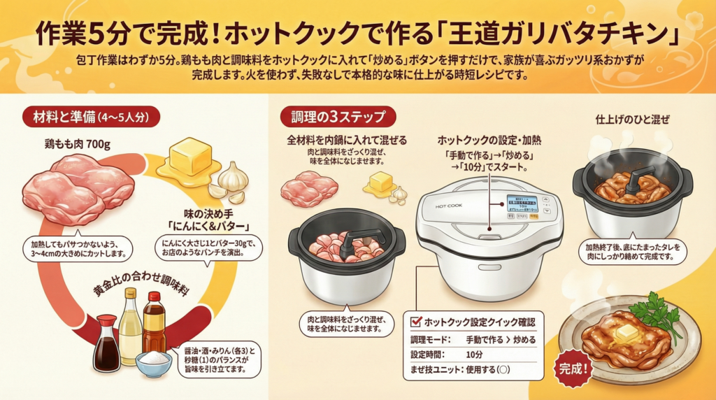 ホットクックで作る「王道ガリバタチキン」のレシピ図解。鶏もも肉700gと、醤油・酒・みりん各3、砂糖1の黄金比調味料、にんにく、バターを使用。内鍋に全材料を入れ、「手動で作る」の「炒める」モードで10分加熱する調理手順を解説しています。