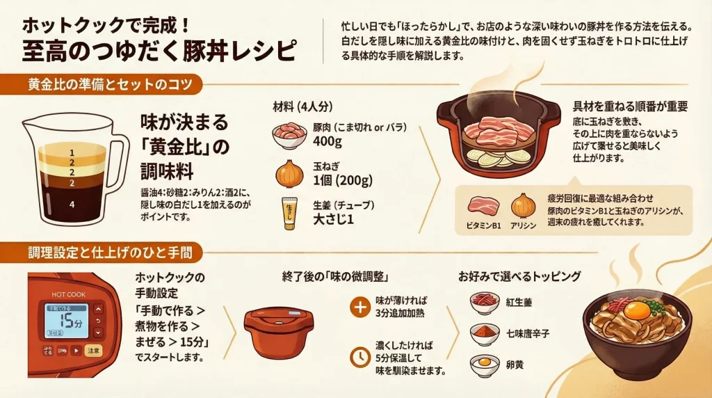 ホットクックで作る「至高のつゆだく豚丼レシピ」の解説図。材料（豚肉400g、玉ねぎ1個、生姜大さじ1）と黄金比の調味料（醤油4:砂糖2:みりん2:酒2:白だし1）、手動設定「煮物を作る・まぜる・15分」という具体的な調理手順が詳細に記されている。