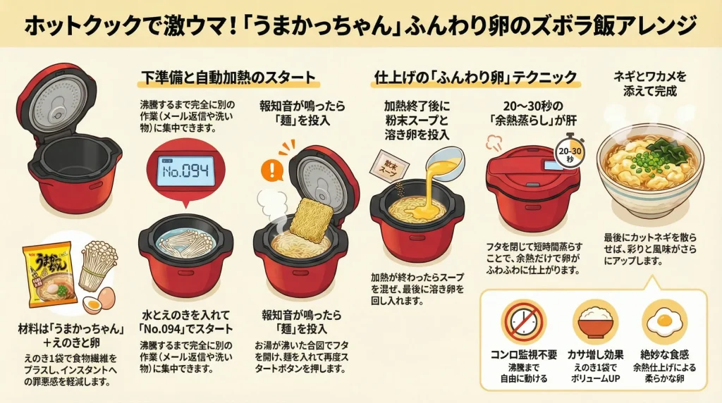 ホットクックを使った「うまかっちゃん」ふんわり卵アレンジの工程図。材料紹介から、内鍋への投入、麺の追加、粉末スープと溶き卵の仕上げ、20〜30秒の余熱蒸らし、ネギとワカメのトッピングまでを横流れのイラストで解説しています。