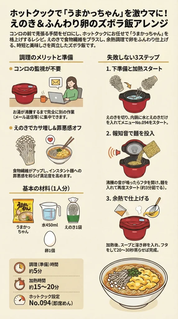 ホットクックで作る「うまかっちゃん」アレンジレシピの図解。えのきと卵を使い、コンロ監視不要なメリット、材料(水450ml、えのき1袋、卵1個)、3ステップの調理手順(下準備、麺投入、余熱仕上げ)をイラストと文字で解説しています。