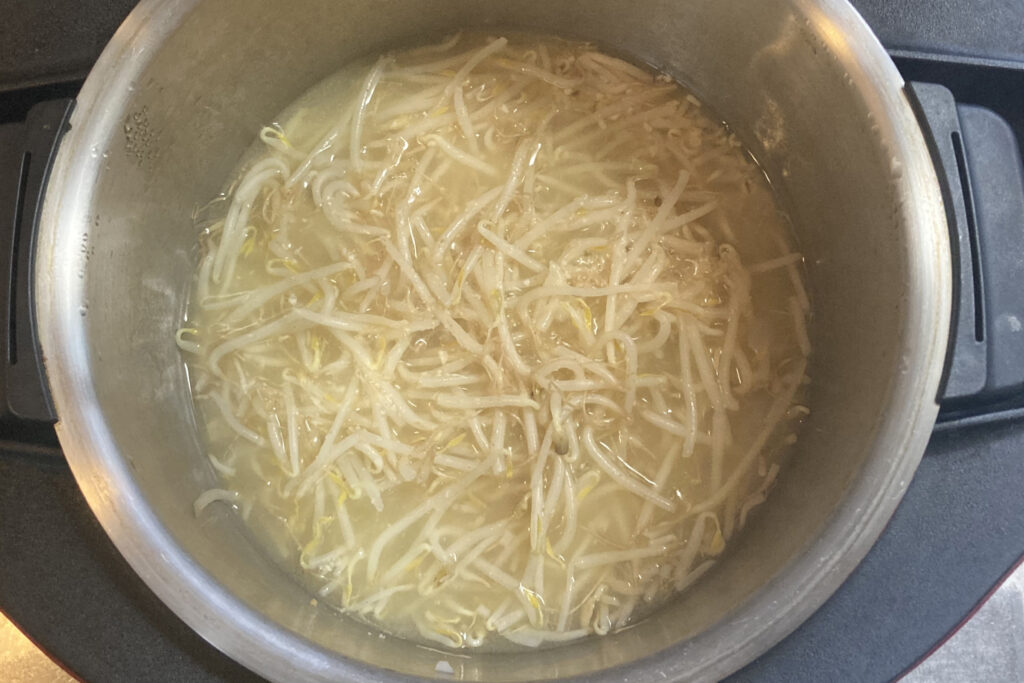 ホットクックでの加熱が完了した直後の内鍋の様子。もやしがしんなりと茹で上がり、水分に食材の旨味が溶け出した調理後の俯瞰写真。