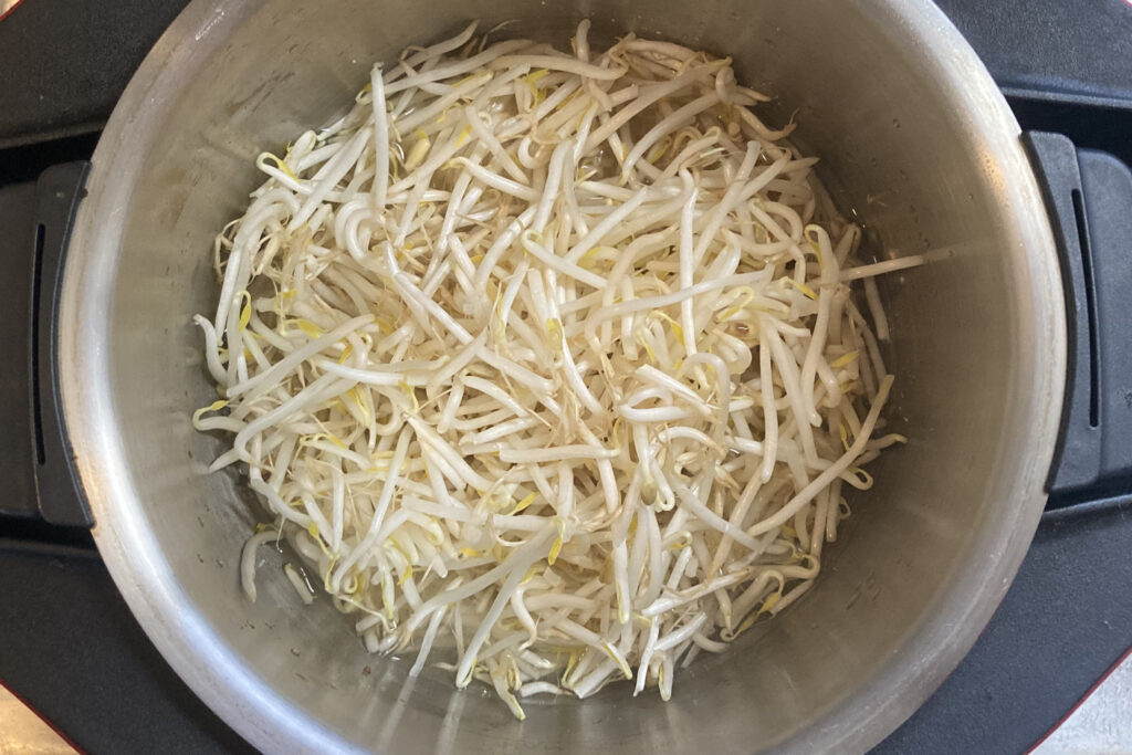 ホットクックのステンレス製内鍋の中に、洗った生のもやしがたっぷりと入れられた調理前の状態。鍋の底には少量の水または出汁が張られている。