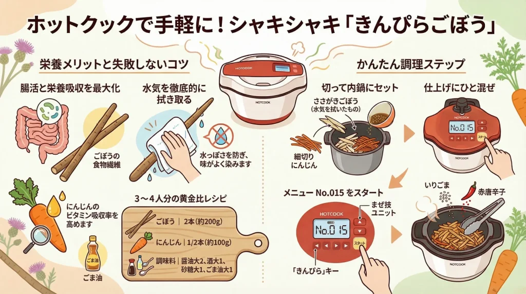 ホットクックのきんぴらごぼうレシピ。材料はごぼう2本、人参2分の1本、醤油・酒・砂糖・ごま油。調理のコツとして、水気を徹底的に拭き取ることが強調されています。手順は具材のセット、メニューNo.015の選択、仕上げの混ぜ技の3ステップです。