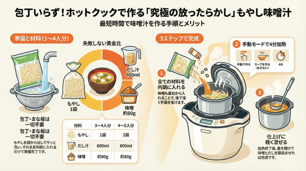 ホットクックで作る「究極の放ったらかし」もやし味噌汁の図解。失敗しない黄金比(もやし1袋:だし800ml:味噌80g)と、4〜5人分用の分量表を掲載。全ての材料を入れ、手動モード・スープ(まぜない)・4分で加熱する3ステップの手順解説。