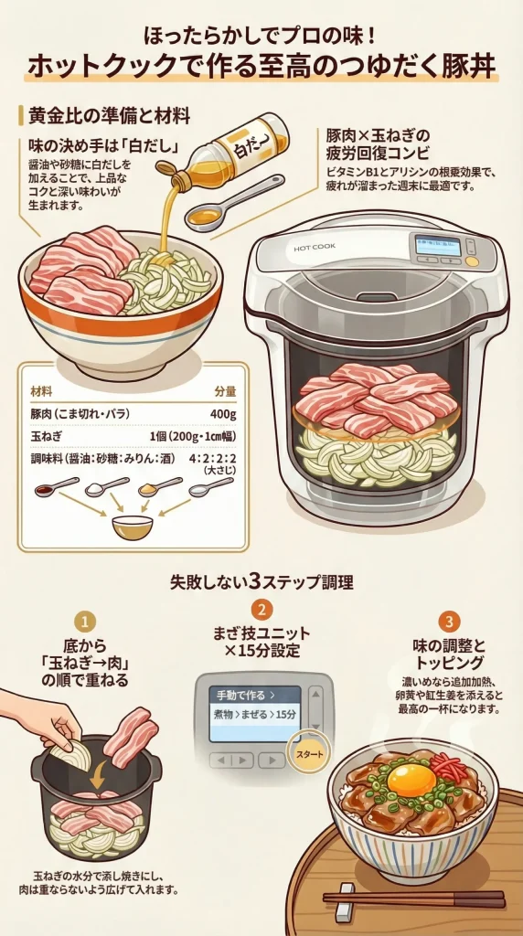 ホットクックで作る至高のつゆだく豚丼のレシピ。材料は豚肉400g、玉ねぎ1個、調味料（醤油4:砂糖2:みりん2:酒2）に白だしを加えるのがコツ。底から玉ねぎ、肉の順に重ね、まぜ技ユニットを使用して15分設定で調理する手順を解説した図解。