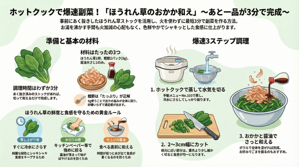 ホットクックで最短3分「ほうれん草のおかあ和え」の作り方。1.蒸して水気を切る、2.2〜3cm幅にカット、3.おかかと醤油で和える、という爆速3ステップ調理の手順を、鮮やかなイラストとテキストで解説した画像。
