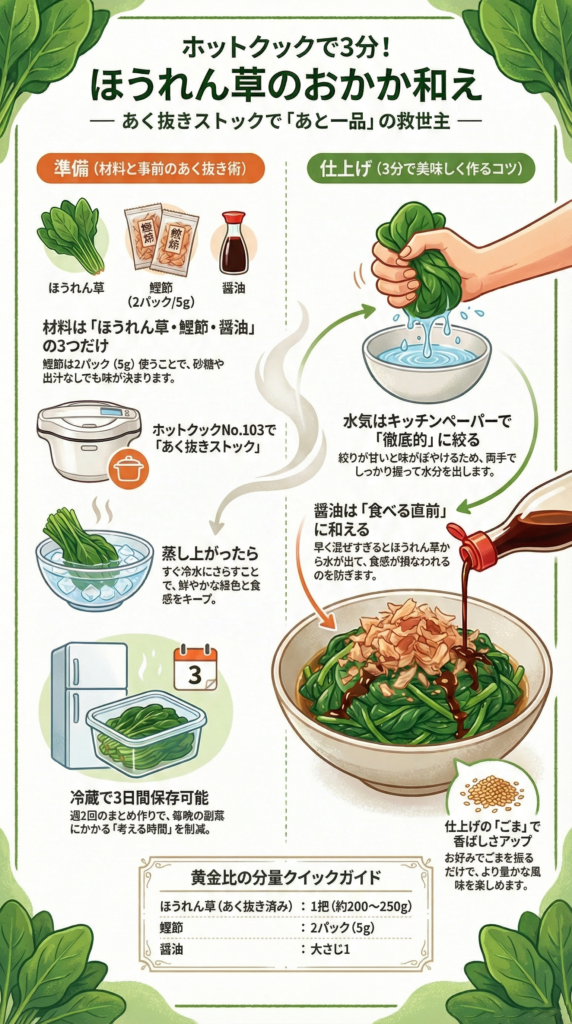 ほうれん草のおかか和えの作り方。ホットクックであく抜きし冷水にさらした後、キッチンペーパーで水分をしっかり絞るのがポイント。黄金比の分量はほうれん草1把に対し、鰹節2パック、醤油大さじ1。食感を損なわないための仕上げ方も説明。