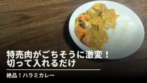 「特売肉がごちそうに激変！切って入れるだけ 絶品！ハラミカレー」というテキストが書かれた、木目のテーブルの上に置かれた具沢山のハラミカレーライスの写真。