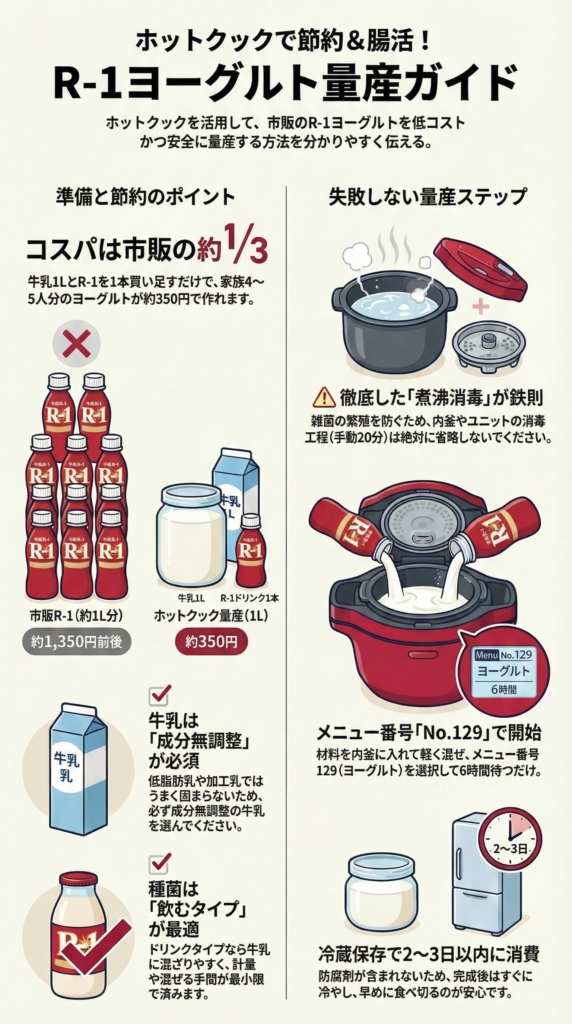 ホットクックでR-1ヨーグルトを量産するガイド。市販品1L分が約1,350円なのに対し、牛乳とR-1ドリンク1本なら約350円とコスパが1/3になることを紹介。煮沸消毒の徹底、成分無調整牛乳の使用、メニュー番号129で6時間加熱する手順を解説。