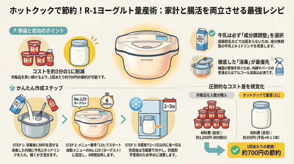 ホットクックで節約と腸活を両立させるR-1ヨーグルト量産術。消毒した内釜に材料を入れ、メニュー129で6時間加熱、冷蔵保存する3ステップを横流れの図で解説。1回あたり約700円の節約になる圧倒的なコスト差を視覚化したインフォグラフィック。