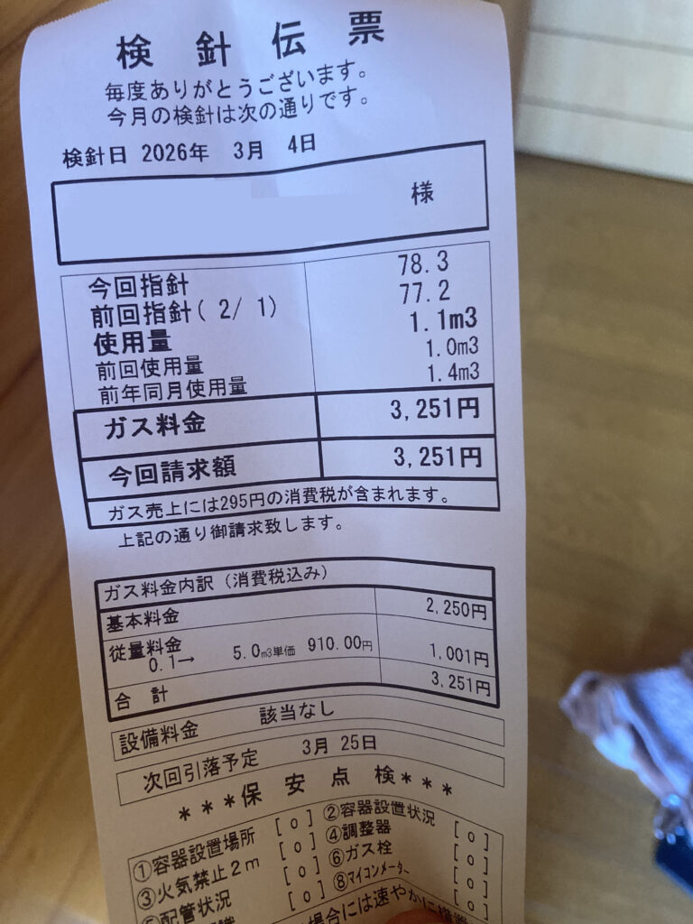 2026年3月分のガス検針伝票。今回指針78.3、使用量1.1立方メートルで請求金額は3,251円。基本料金2,250円と従量料金1,001円の内訳や、3月25日の次回引落予定日が記載されたレシート形式の書面。