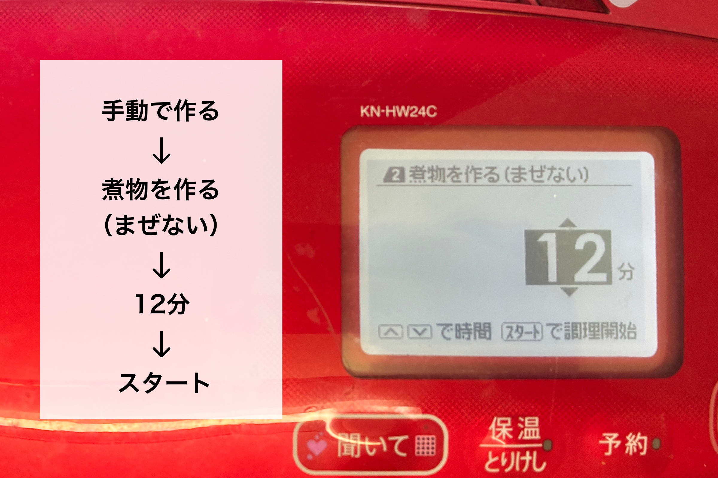 赤いホットクックKN-HW24Cの液晶画面に『手動で作る 煮物を作る(まぜない) 12分』と設定が表示され、左側に操作手順のテキスト案内が添えられた様子。